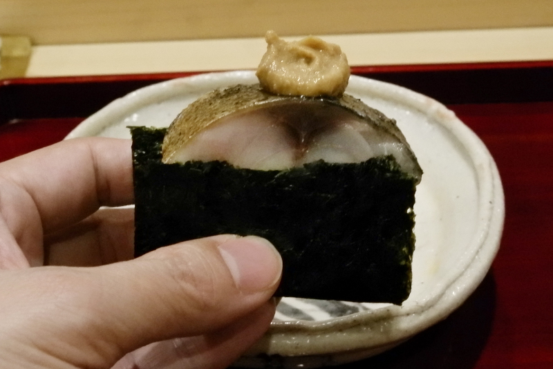 鯖の棒寿司、胡麻味噌酢、山葵
