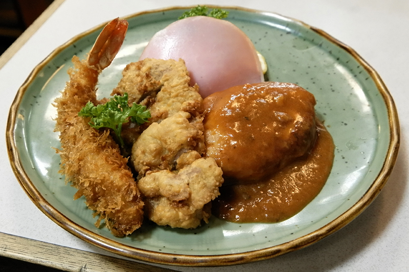 合皿(ハンバーグ、ヒレ天、エビフライ)