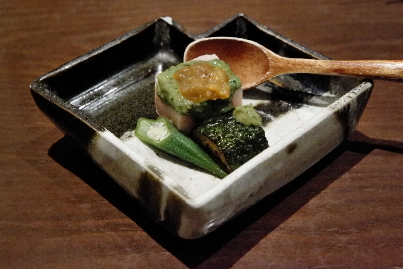 トマト豆腐、バジル味噌と塩水ウニ味噌漬け
